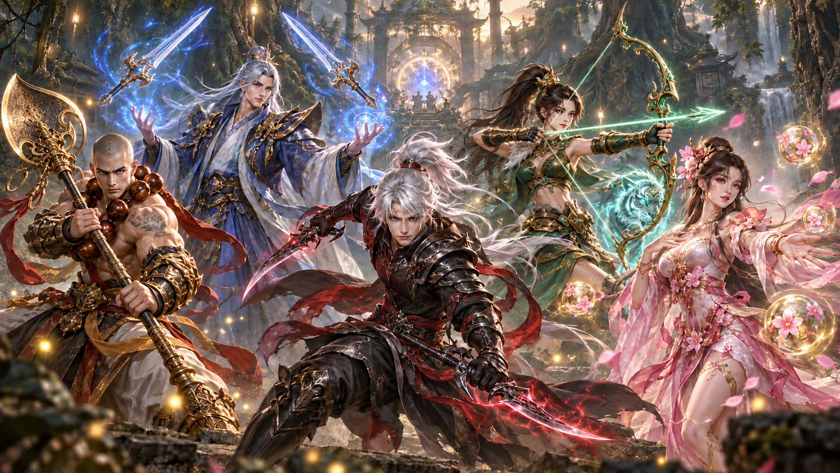 As cinco classes de Realm of Legends reunidas: Monk, Wizard, Assassin, Tamer e Fairy